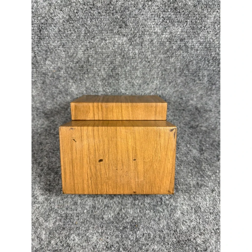 Vintage Faux Wood Grain Metal Hinged Storage Box Mid Century Recipe Tin Brown